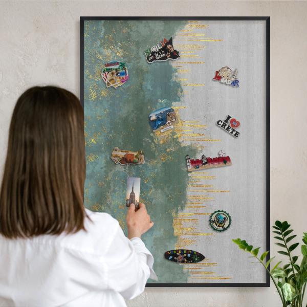 Metal wall board for magnets in a black frame Turquoise abstraction
