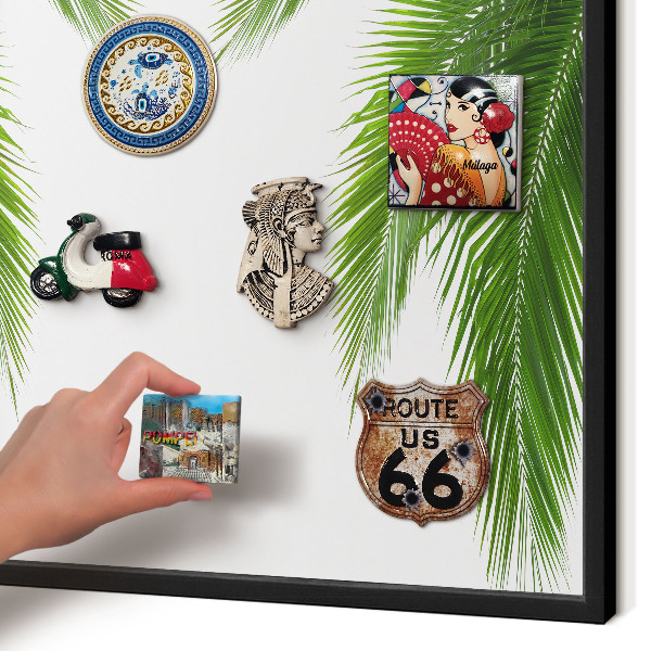 Metal wall board for magnets in a black frame Exotic nature