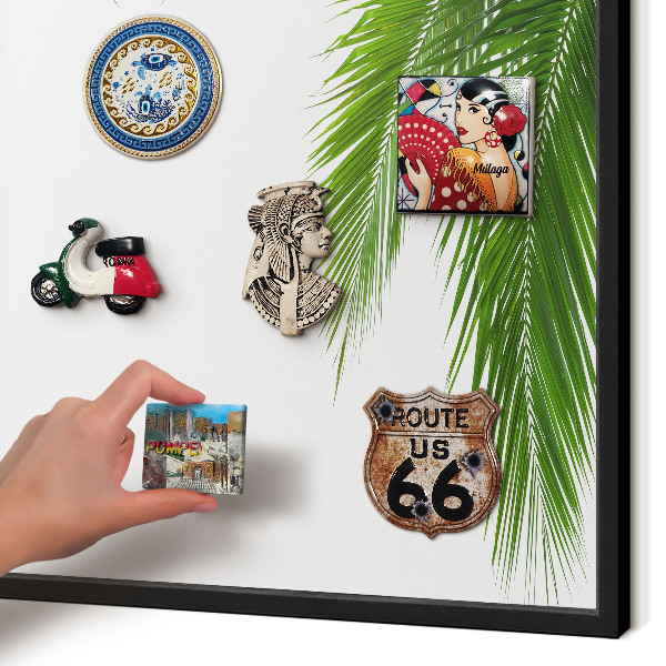 Metal wall board for magnets in a black frame Exotic nature