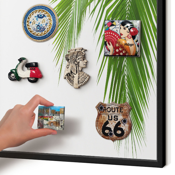Metal wall board for magnets in a black frame Exotic nature