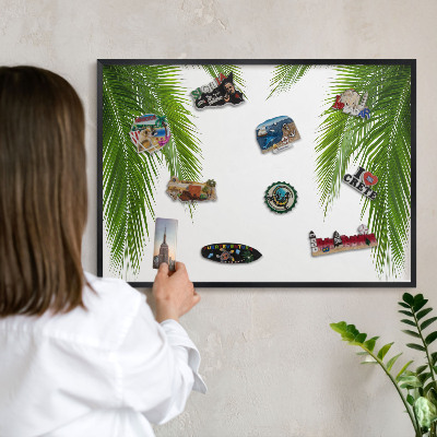 Metal wall board for magnets in a black frame Exotic nature