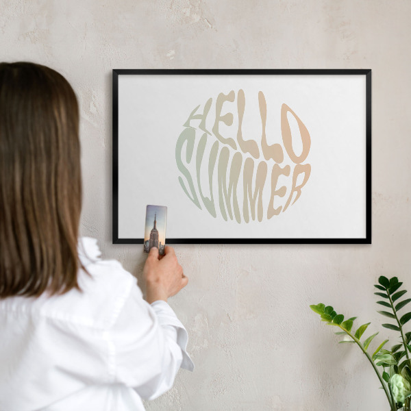 Metal wall board for magnets in a black frame Hello summer