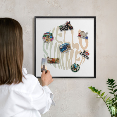 Metal wall board for magnets in a black frame Hello summer
