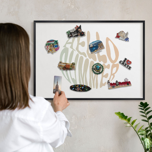 Metal wall board for magnets in a black frame Hello summer