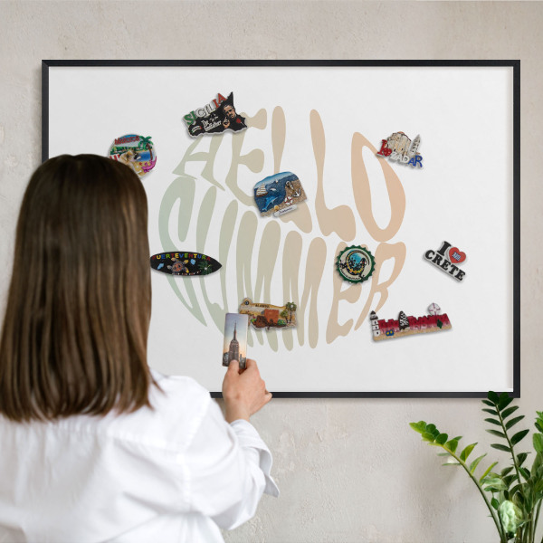 Metal wall board for magnets in a black frame Hello summer