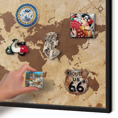 Metal wall board for magnets in a black frame World map