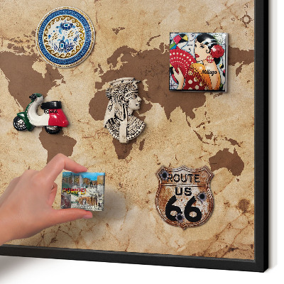 Metal wall board for magnets in a black frame World map