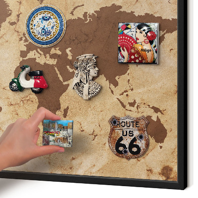 Metal wall board for magnets in a black frame World map
