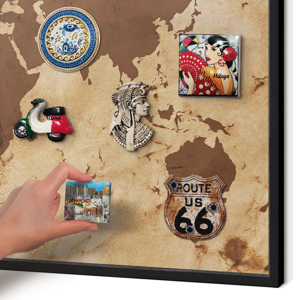 Metal wall board for magnets in a black frame World map