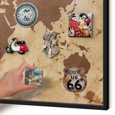 Metal wall board for magnets in a black frame World map