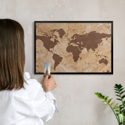Metal wall board for magnets in a black frame World map