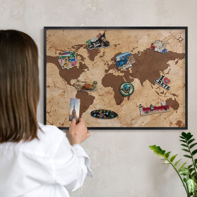 Metal wall board for magnets in a black frame World map