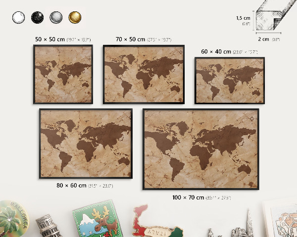 Metal wall board for magnets in a black frame World map