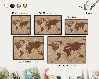 Metal wall board for magnets in a black frame World map