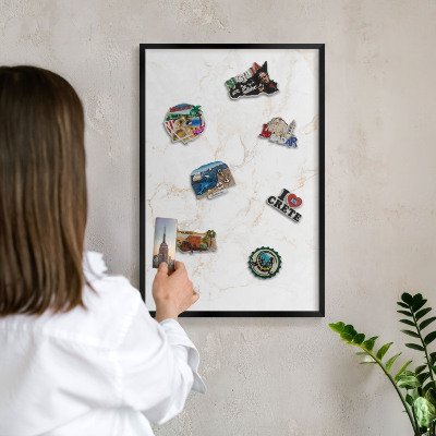 Metal wall board for magnets in a black frame Marble elegance