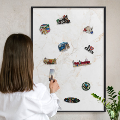 Metal wall board for magnets in a black frame Marble elegance