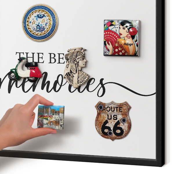 Vacation magnet board with a black frame Inspiring memories