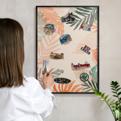 Vacation magnet board with a black frame Tropical leaves