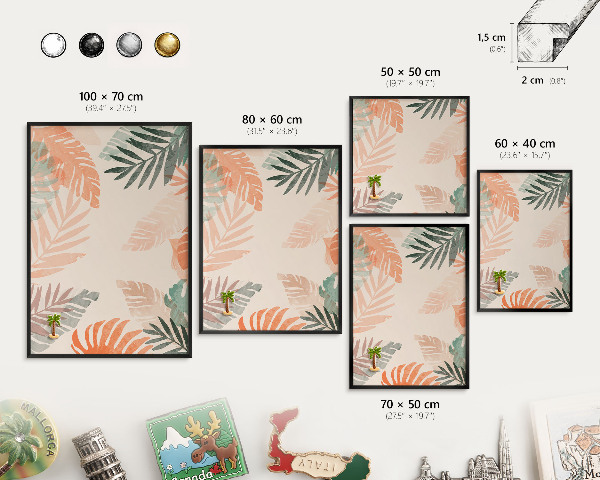 Vacation magnet board with a black frame Tropical leaves