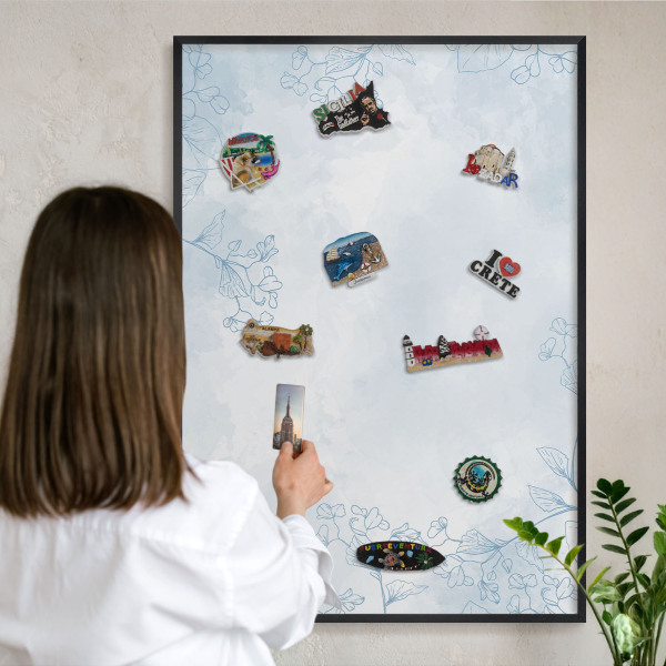 Metal wall board for magnets in a black frame Floristic elegance