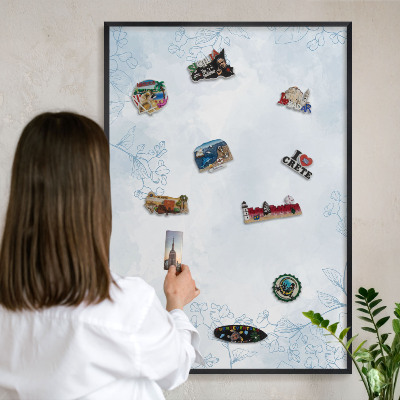 Metal wall board for magnets in a black frame Floristic elegance