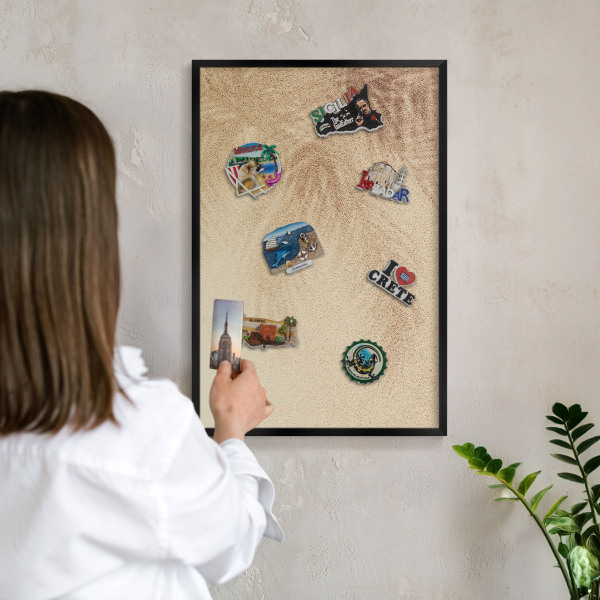 Metal wall board for magnets in a black frame Sand leaves