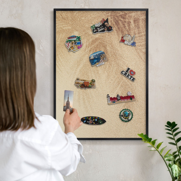 Metal wall board for magnets in a black frame Sand leaves
