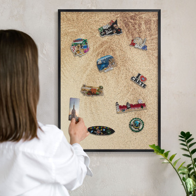 Metal wall board for magnets in a black frame Sand leaves