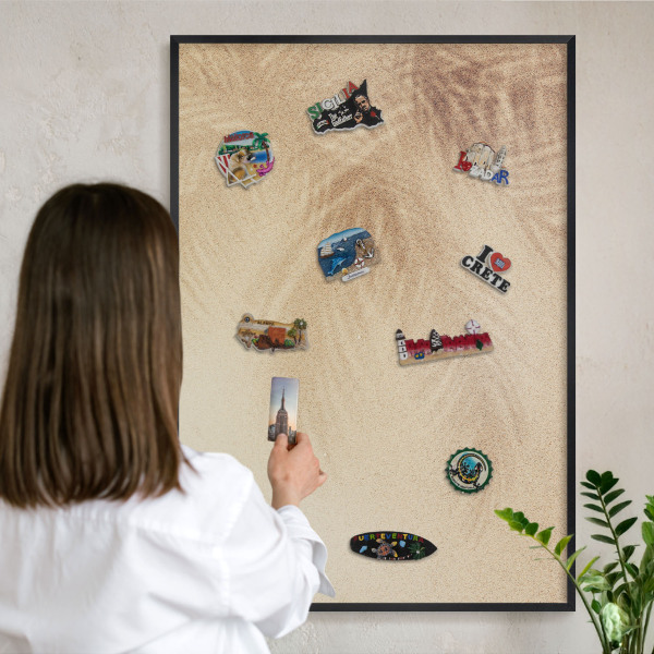 Metal wall board for magnets in a black frame Sand leaves