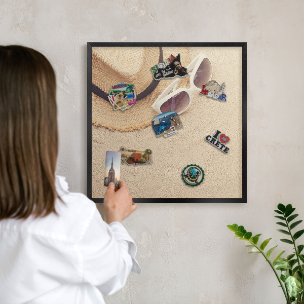Vacation magnet board with a black frame Summer beach