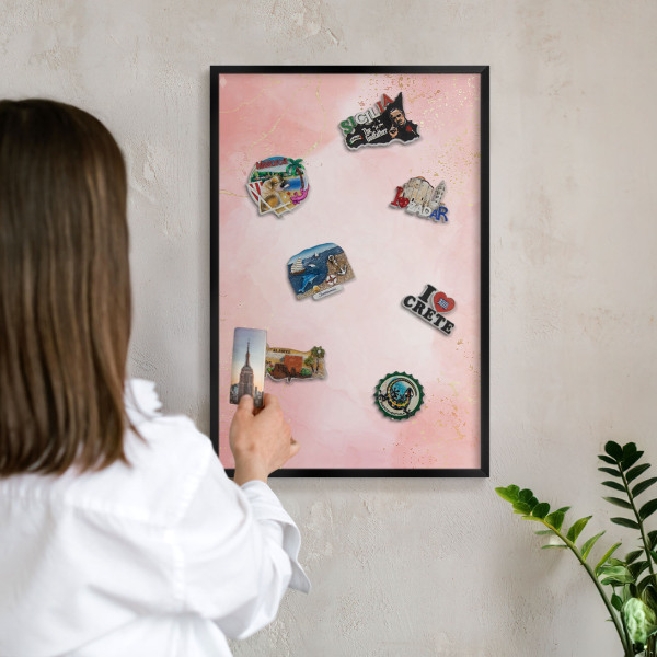Metal wall board for magnets in a black frame Subtle elegance