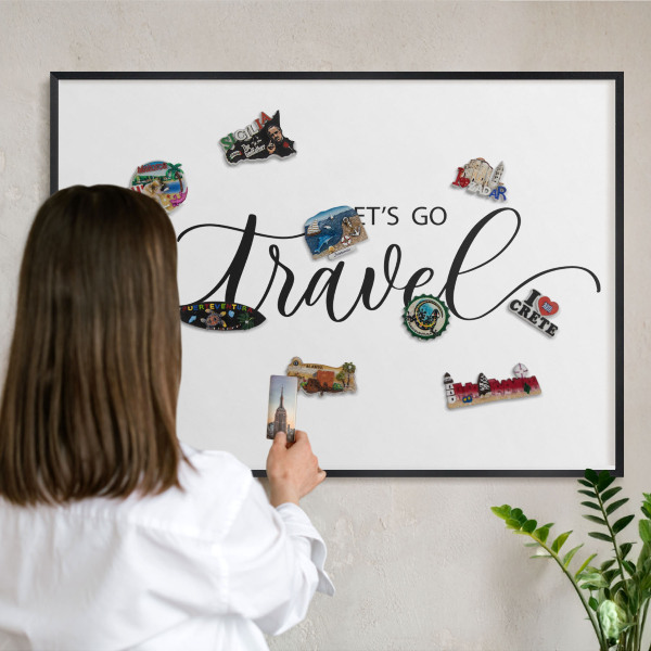 Vacation magnet board with a black frame Let's travel together
