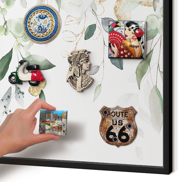 Metal wall board for magnets in a black frame Green leaves