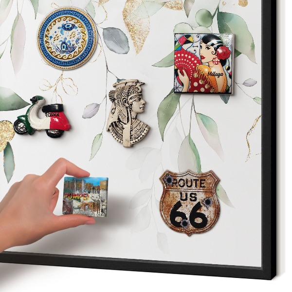 Metal wall board for magnets in a black frame Green leaves
