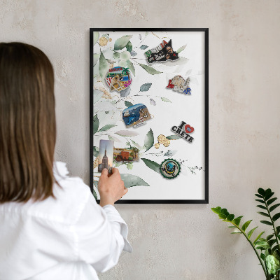 Metal wall board for magnets in a black frame Green leaves