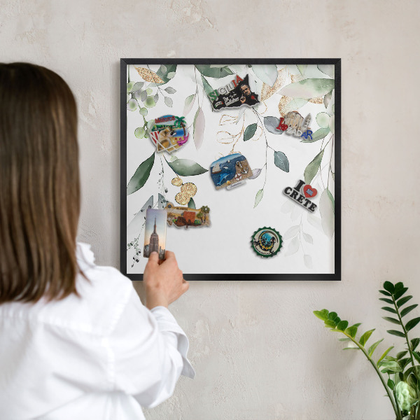 Metal wall board for magnets in a black frame Green leaves