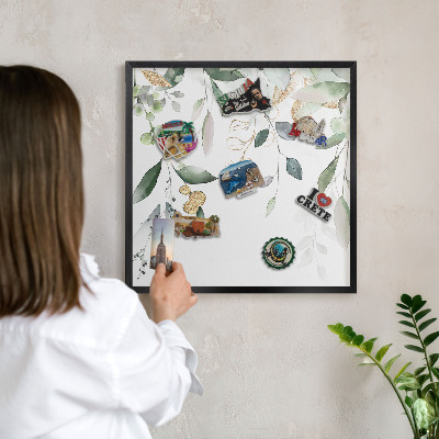 Metal wall board for magnets in a black frame Green leaves