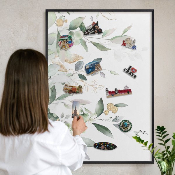 Metal wall board for magnets in a black frame Green leaves
