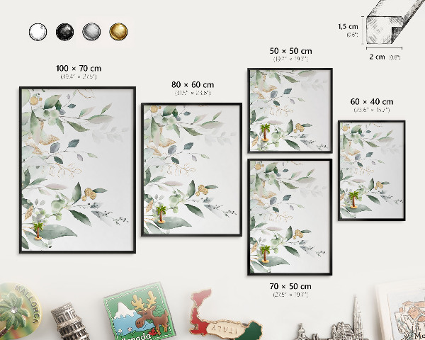 Metal wall board for magnets in a black frame Green leaves