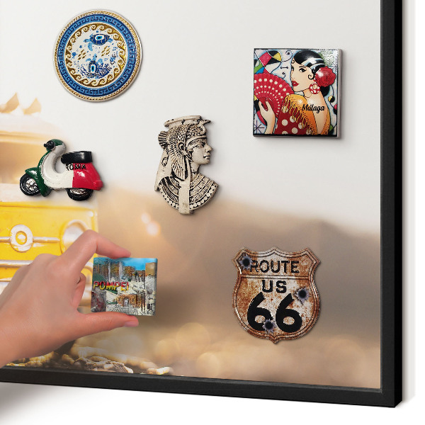 Metal wall board for magnets in a black frame Retro travel