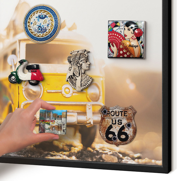 Metal wall board for magnets in a black frame Retro travel