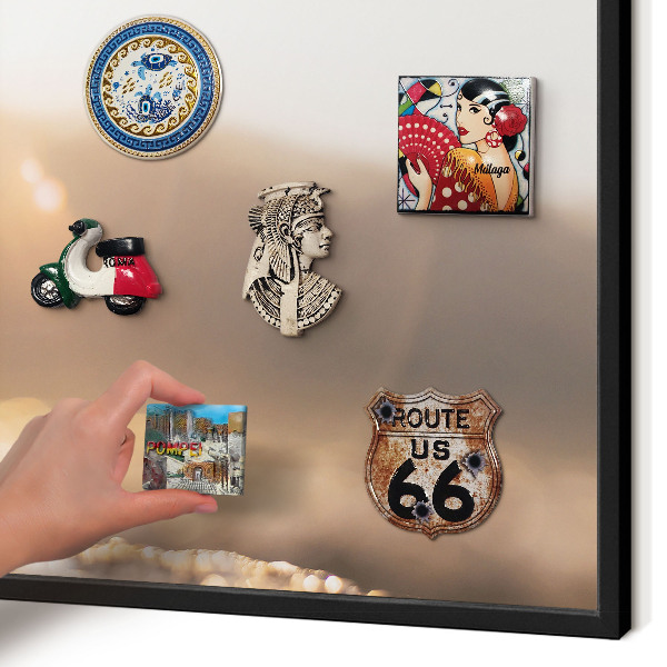 Metal wall board for magnets in a black frame Retro travel