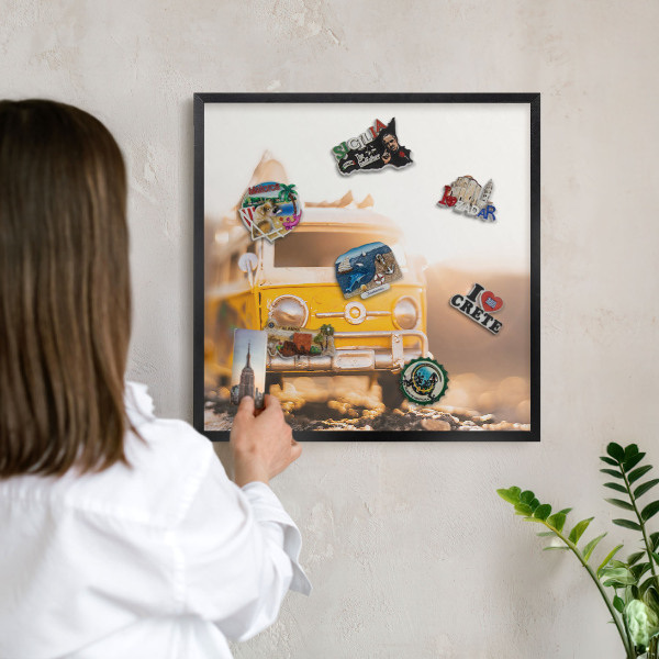 Metal wall board for magnets in a black frame Retro travel