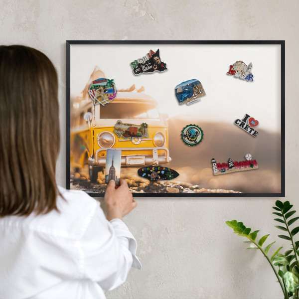Metal wall board for magnets in a black frame Retro travel