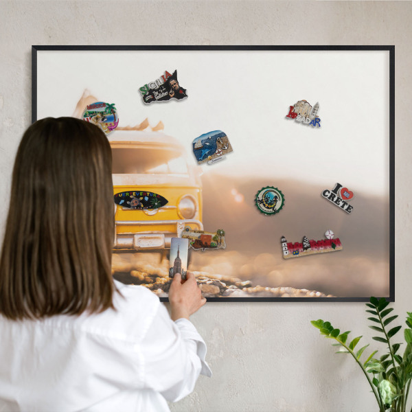 Metal wall board for magnets in a black frame Retro travel