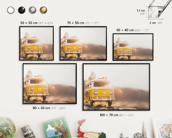 Metal wall board for magnets in a black frame Retro travel