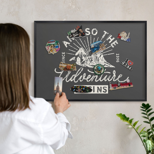 Vacation magnet board with a black frame Mountain inscription