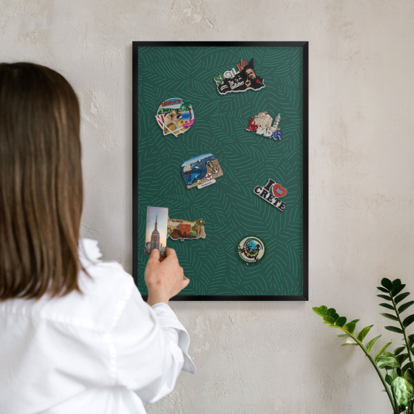 Metal wall board for magnets in a black frame Green leaves