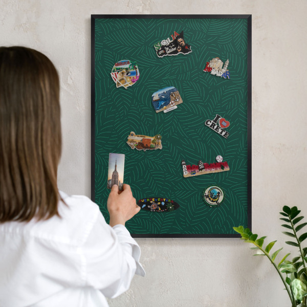 Metal wall board for magnets in a black frame Green leaves