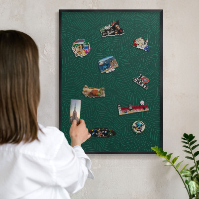 Metal wall board for magnets in a black frame Green leaves